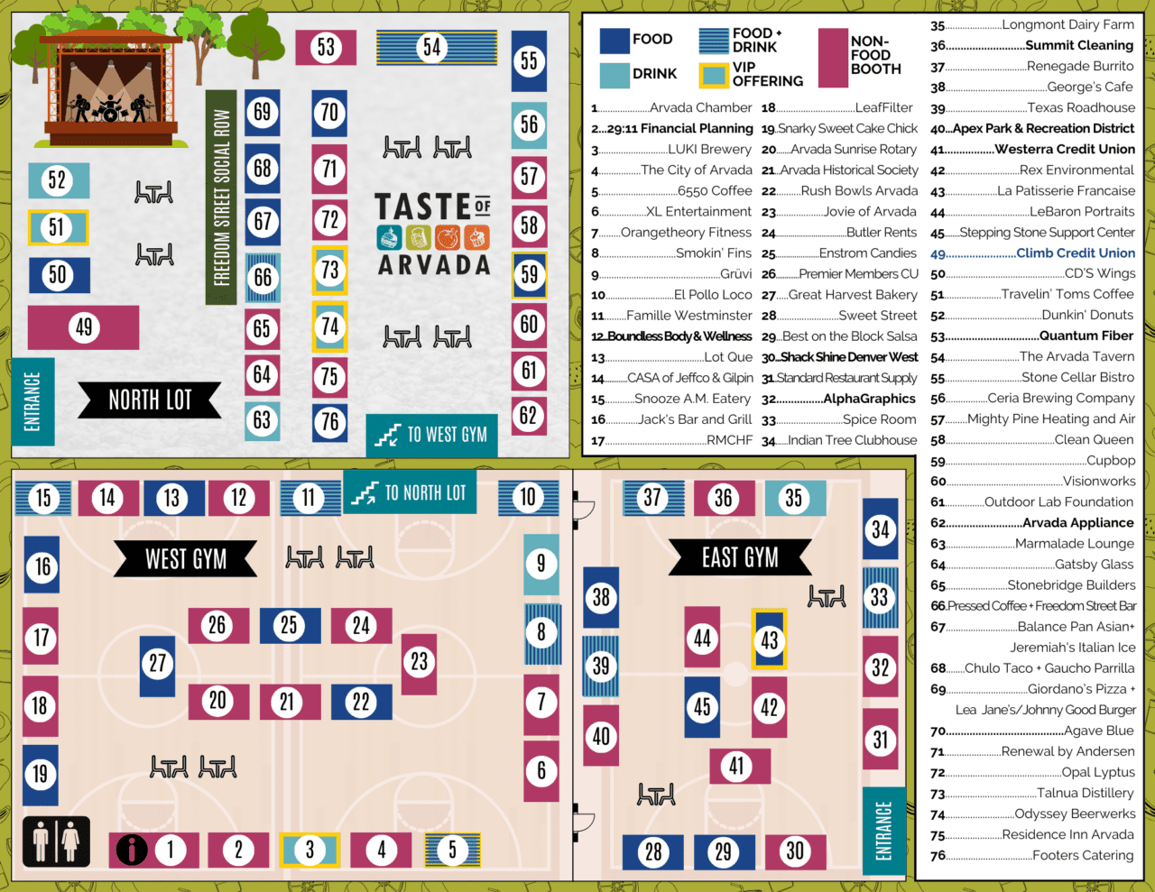 Taste of Arvada 2024 Vendor Map Vendor map for the Taste of Arvada 2024 event, highlighting Standard Restaurant Supply's booth (#31) among other vendors, with food and drink offerings indicated.